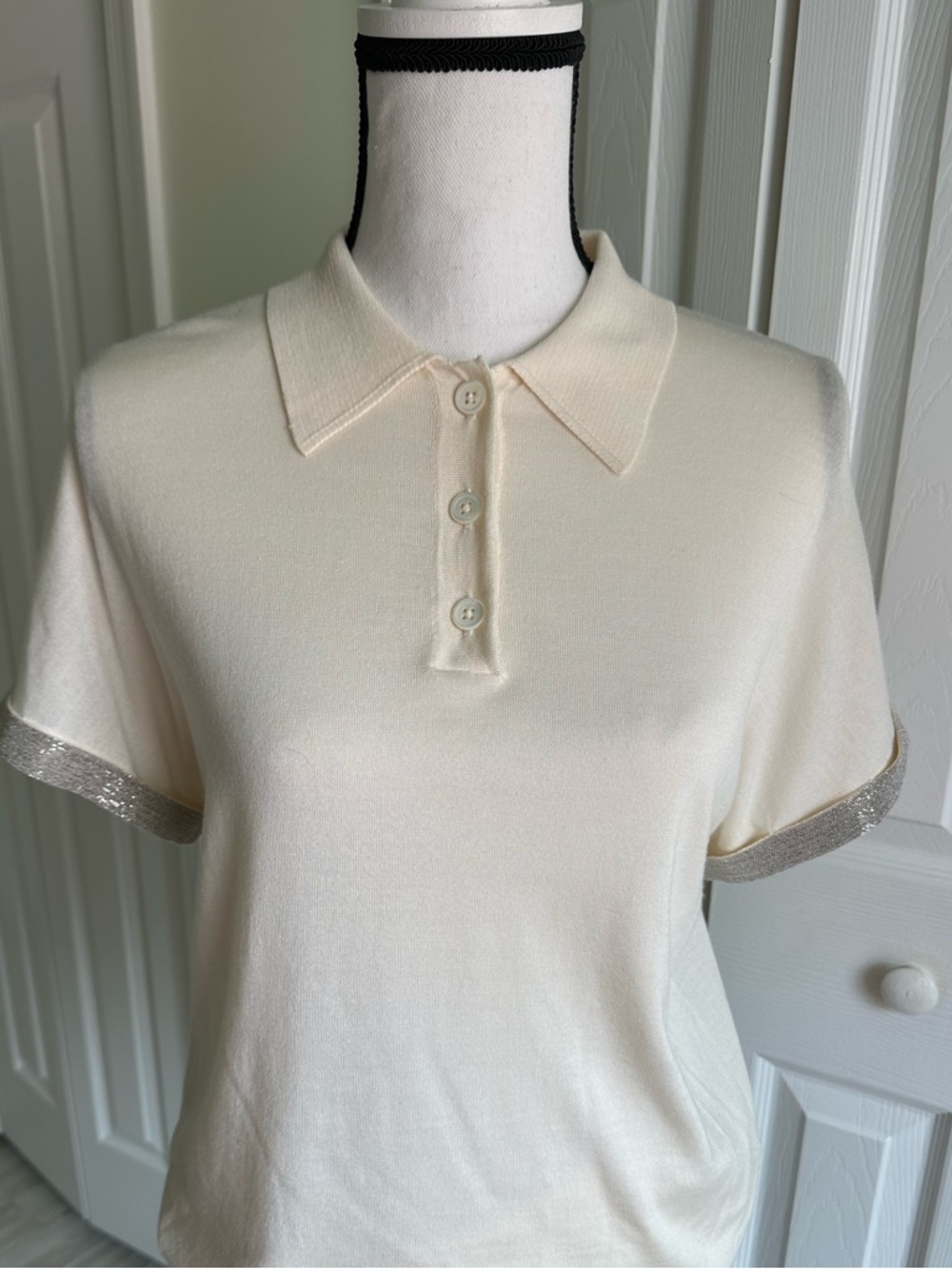 Premium Women's Cream Short-Sleeve Polo Top with Metallic Trim